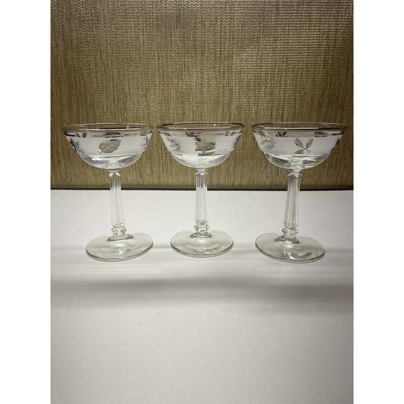 3 Mid Century Clear Champagne Coupe Libby Silver Leaf Frosted Band - Picture 1 of 2